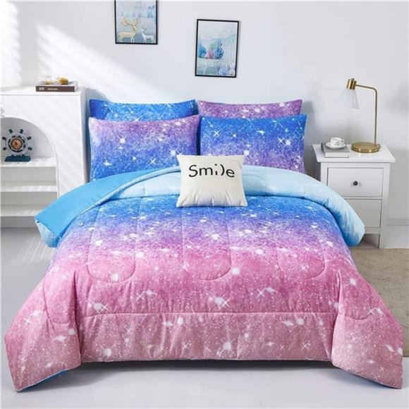 Rainbow Glitter Comforter Set Full/Queen Size for Girls, Sparkle